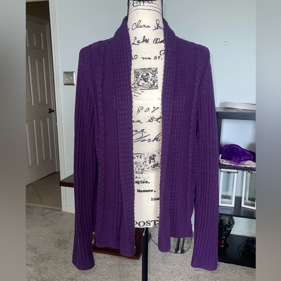 Purple Open-Front Cable Knit Women's Sweater Cardigan - Picture 3 of 8